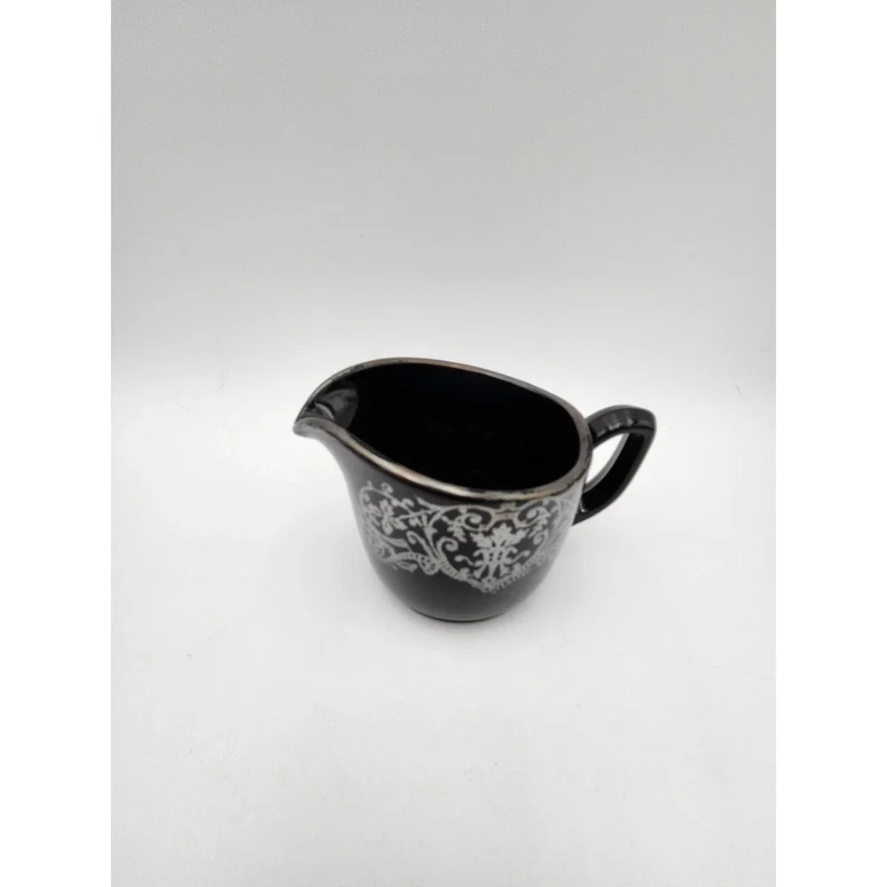 Vtg Black Amethyst Glass Creamer & Sugar W/‎ Silver Design Rockwell Silver Co?